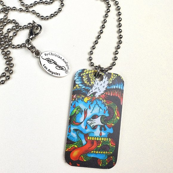 ED HARDY By Christian Audigier VINTAGE Style Necklace / Skull Dog Tag - Picture 1 of 6